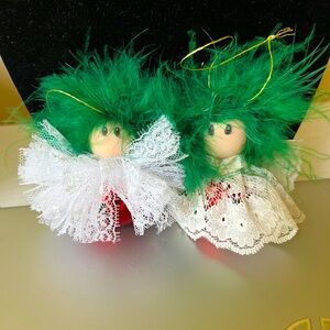 Green Feathered Dolls with Lace Dresses